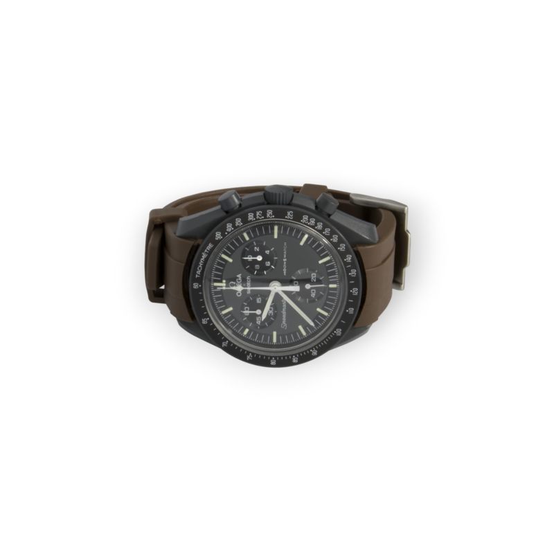 front view moonswatch mercury with brown strap