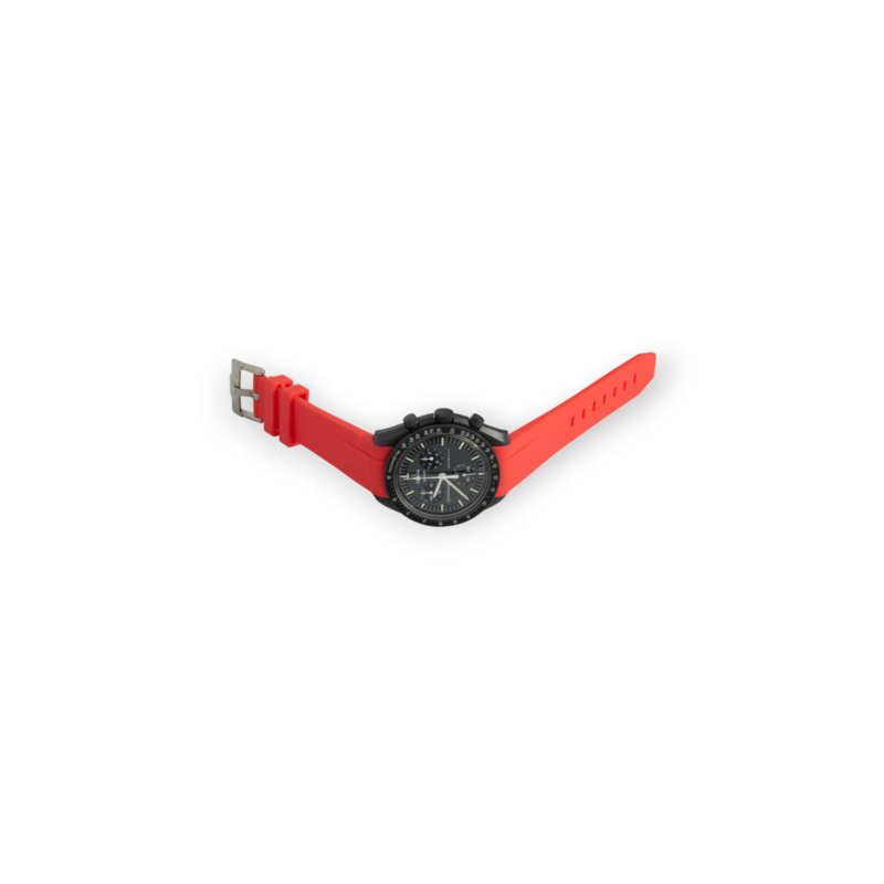 front view laydown moonswatch mercury with red strap