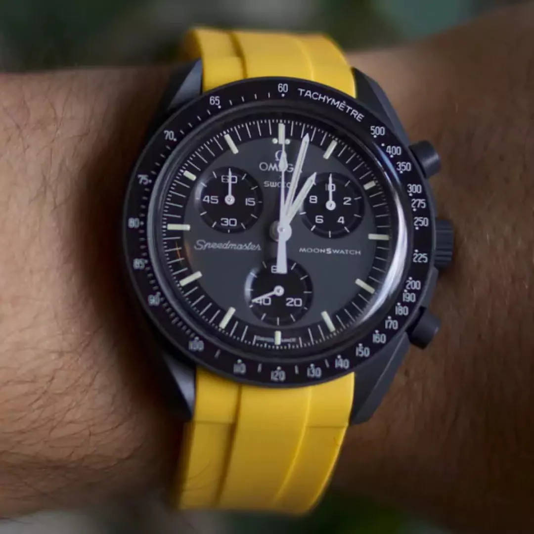 MoonSwatch mercury with yellow replacement strap