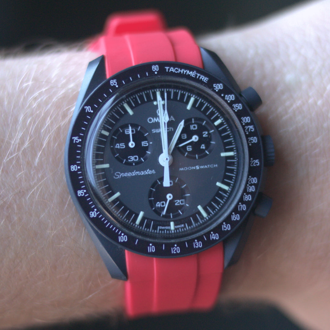 MoonSwatch mercury with red replacement strap