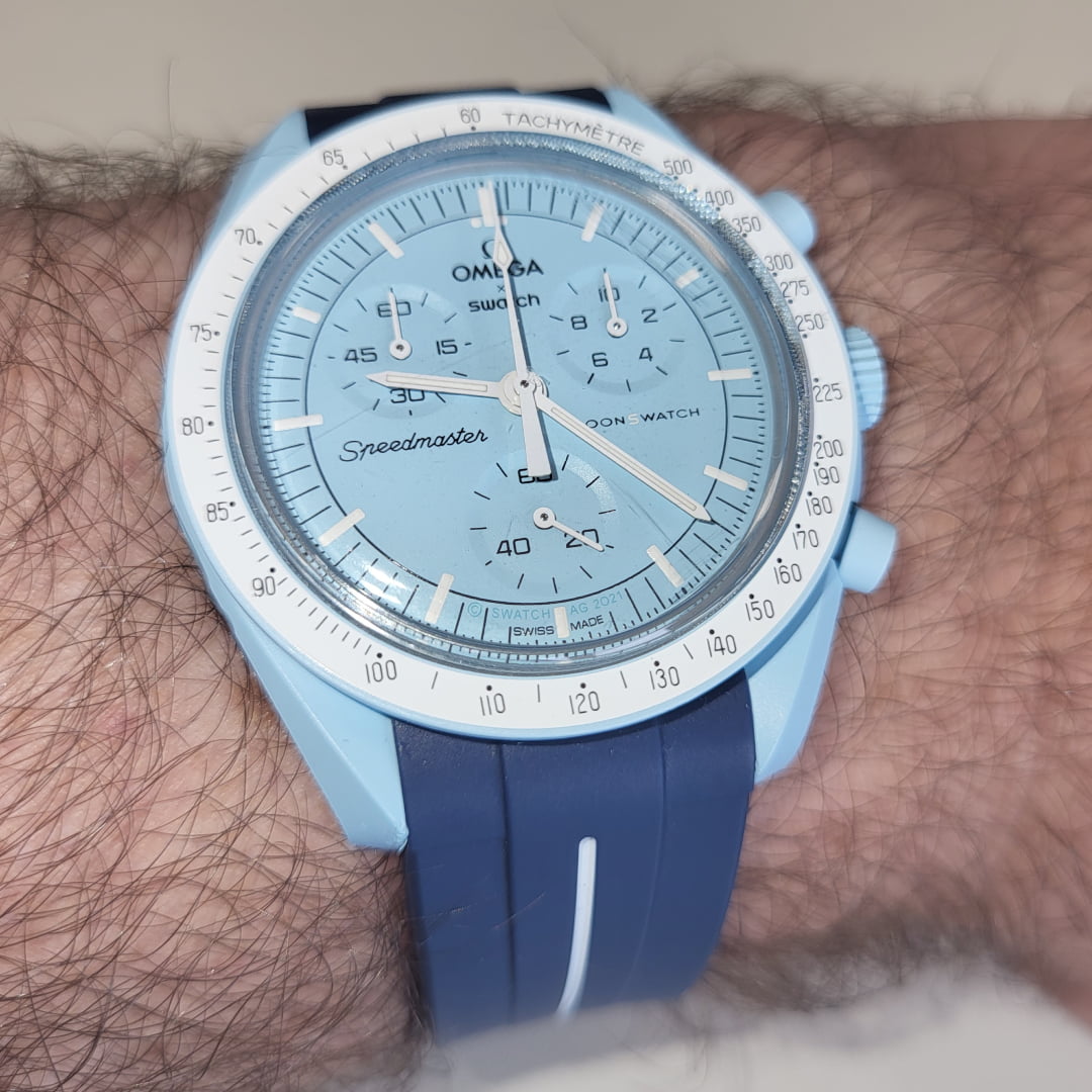 moonswatch uranus with blue replacement strap