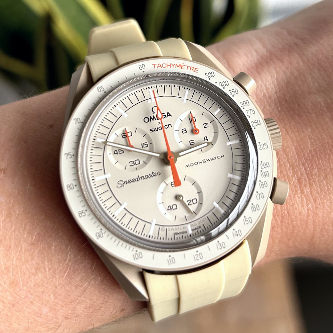 MoonSwatch Jupiter with beige replacement strap