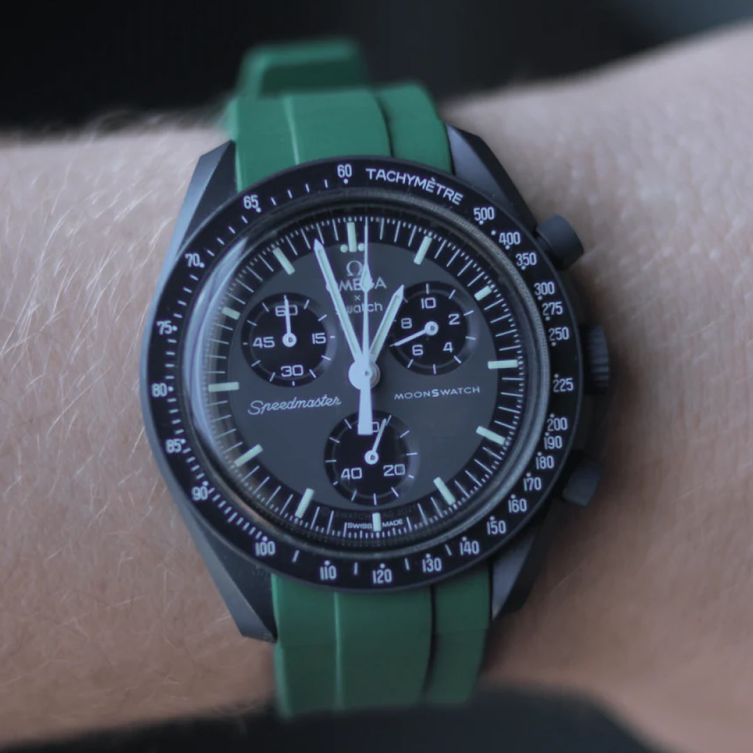 MoonSwatch mercury with green replacement strap