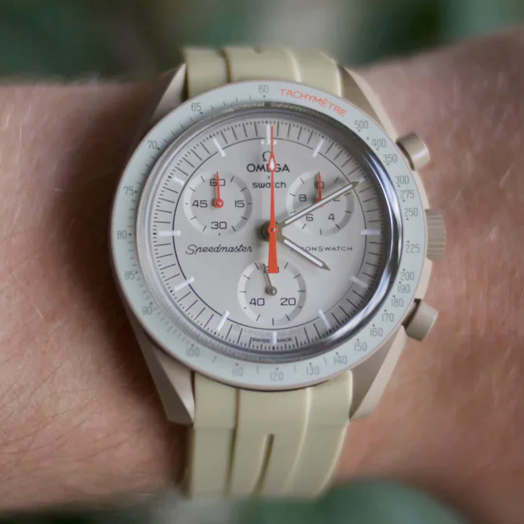 MoonSwatch Jupiter with beige replacement strap