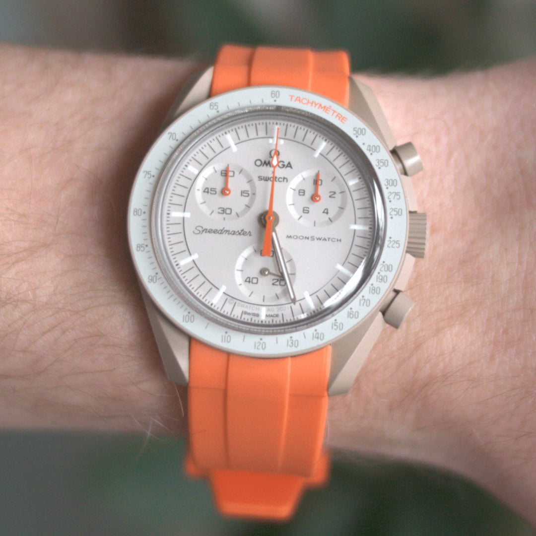 MoonSwatch Jupiter with orange replacement strap