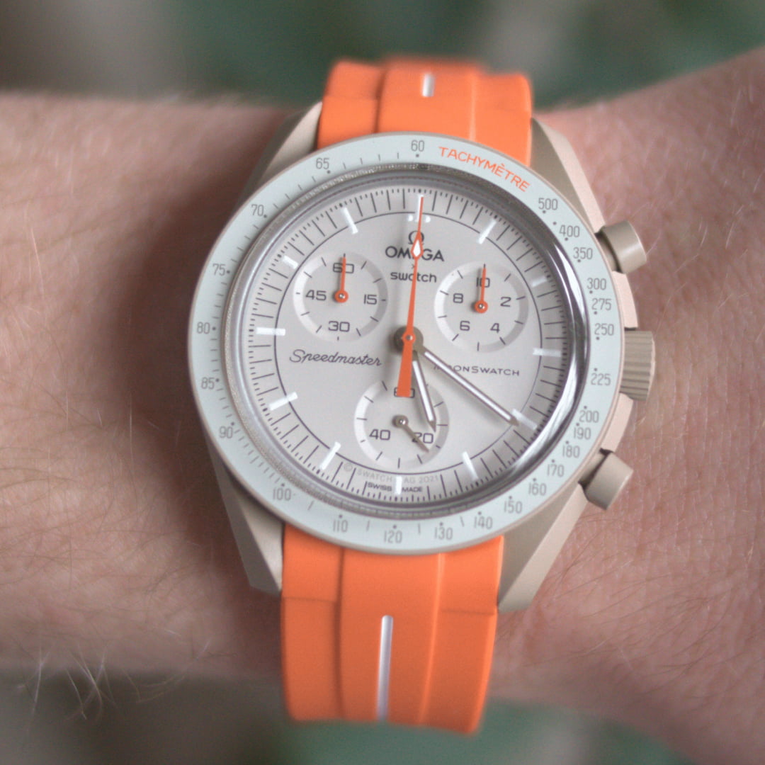 MoonSwatch Jupiter with orange replacement strap