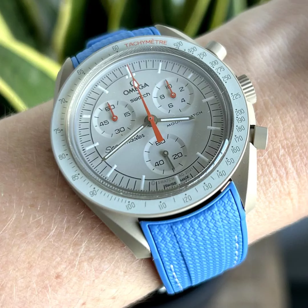 MoonSwatch Jupiter with blue replacement strap