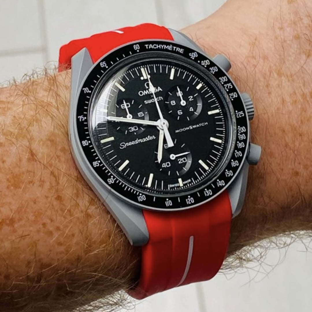 MoonSwatch Moon with red replacement strap
