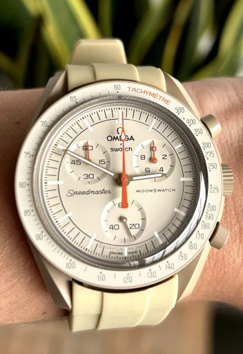 moonswatch jupiter with beige replacement strap
